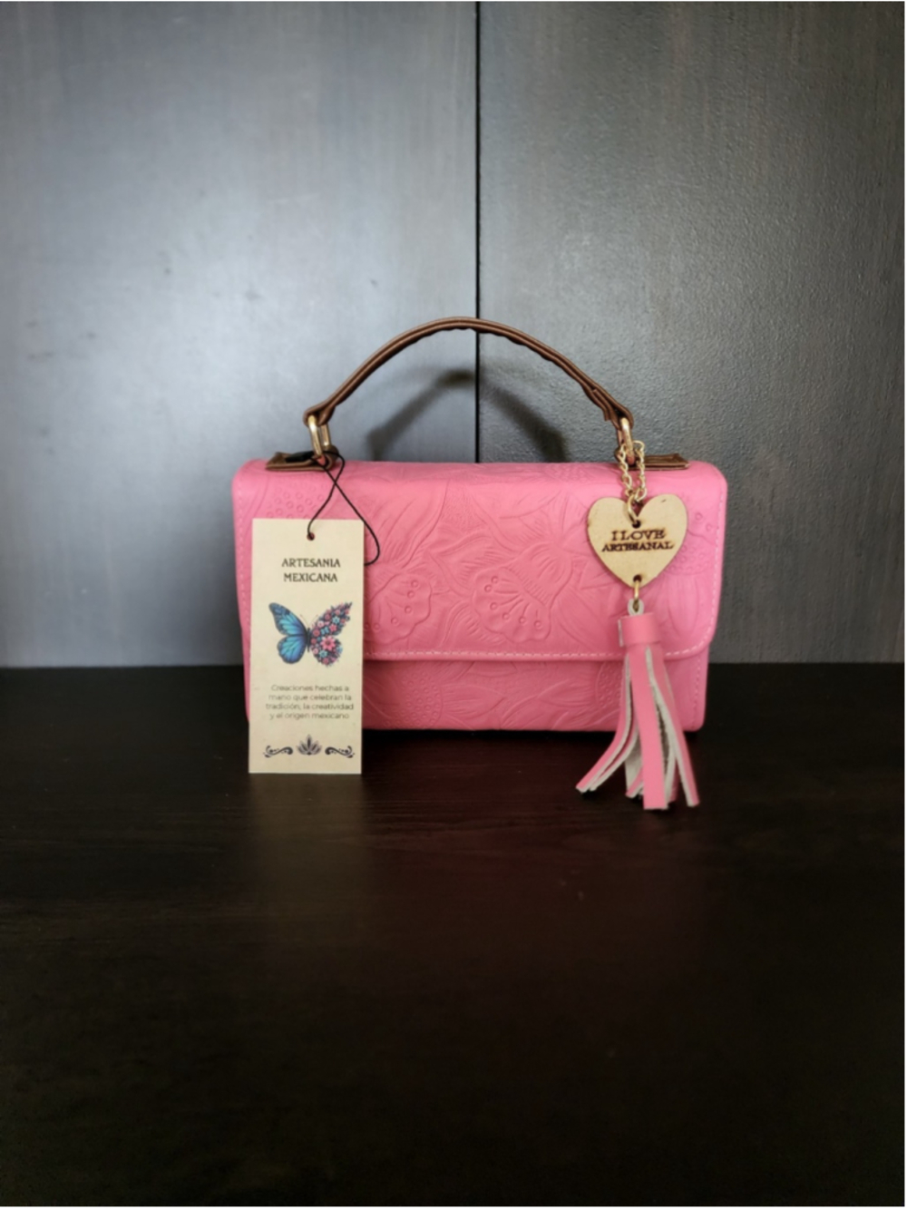 Mexican Pink Sunflower Embossed Tooled Artisan LEATHER Crossbody Purse - Picture 13 of 16